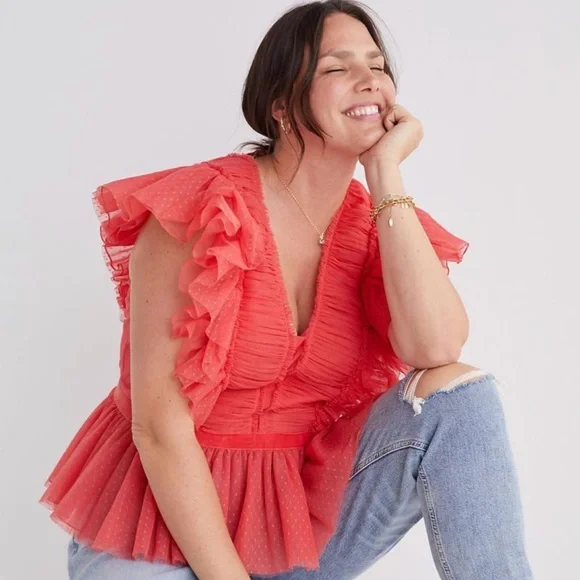 Anthropologie Geisha Designs Ruffled Ruched Tulle Blouse Pink 1X - Picture 1 of 6